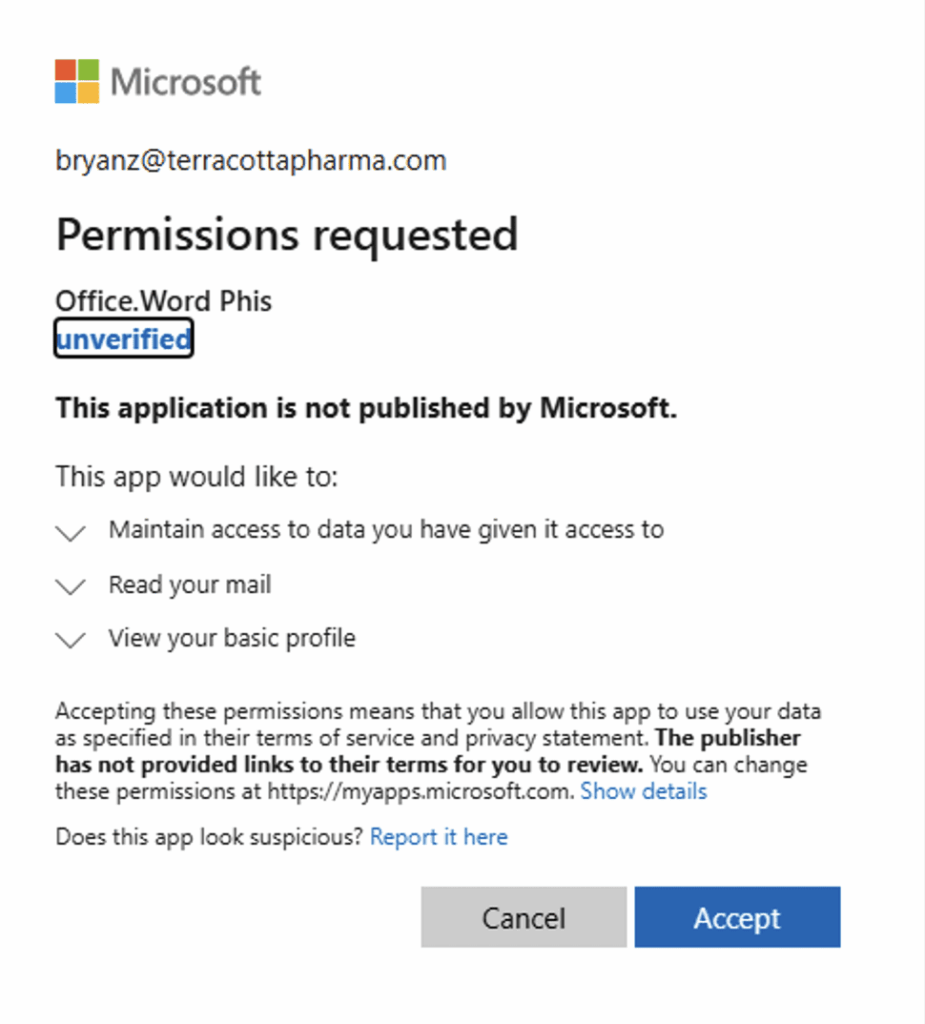 A researcher’s demonstration of how Microsoft redirects to a legitimate-appearing permissions request of an “unverified” application, as part of an OAuth device code phishing lure attack / Logpoint