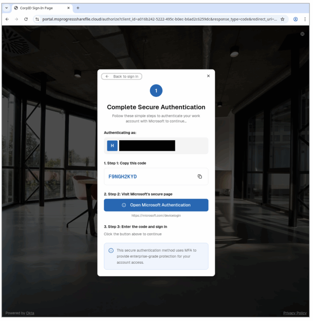 A phishing lure landing page, redirecting victims to a legitimate Microsoft authentication page so the victim can use the real OTP to authenticate the attacker’s session / Proofpoint
