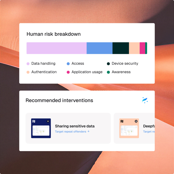 Fable human risk breakdown dashboard showing risk categories and recommended security interventions on sand dune background